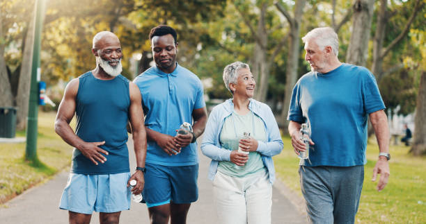People talking and walking for fitness outdoors